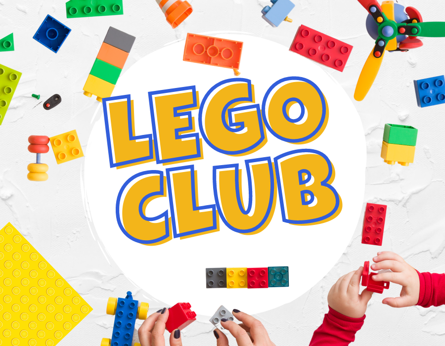 image reads "LEGO CLUB" surrounded by LEGOs and hands playing with them