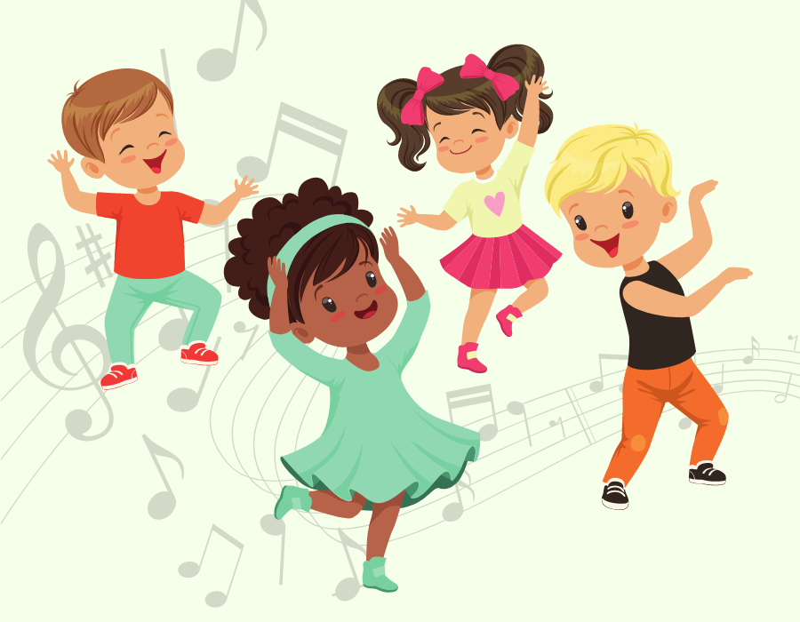 image shows four cartoon children dancing