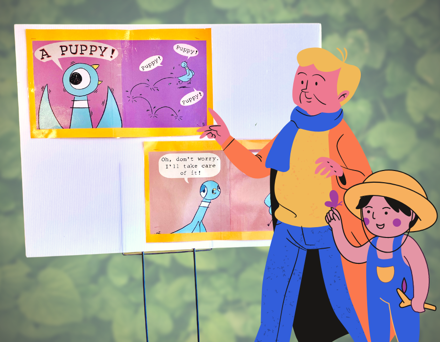 image shows a story walk board featuring pages from the book, "The Pigeon Wants a Puppy" next to it is a cartoon grandparent and child observing the board