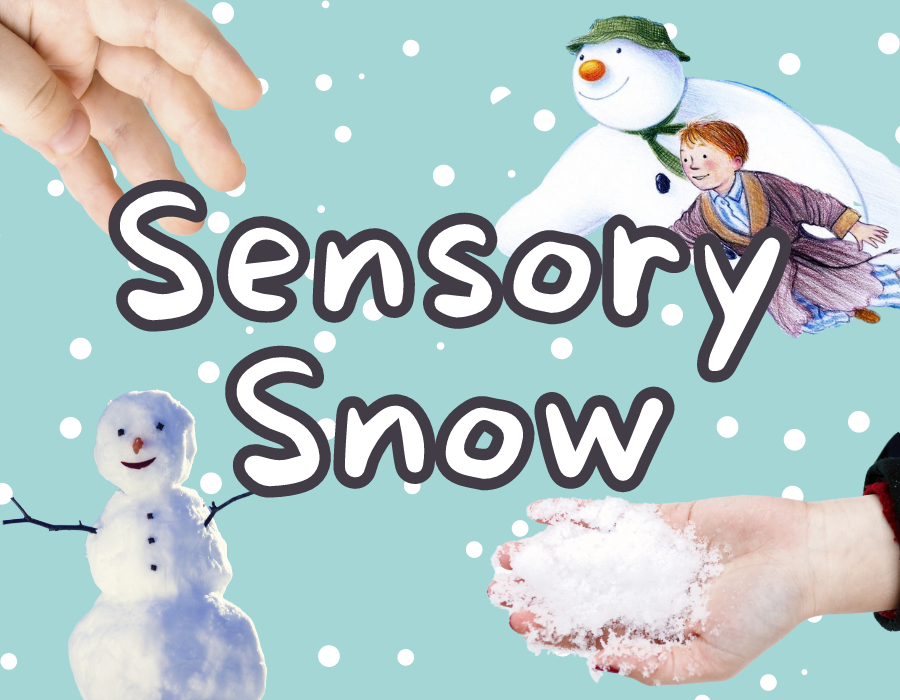 a blue image with snow, a small snowman, a hand holding snow, a small child's hand, and an image from the 1982 book, "The Snowman" Text reads: Sensory Snow