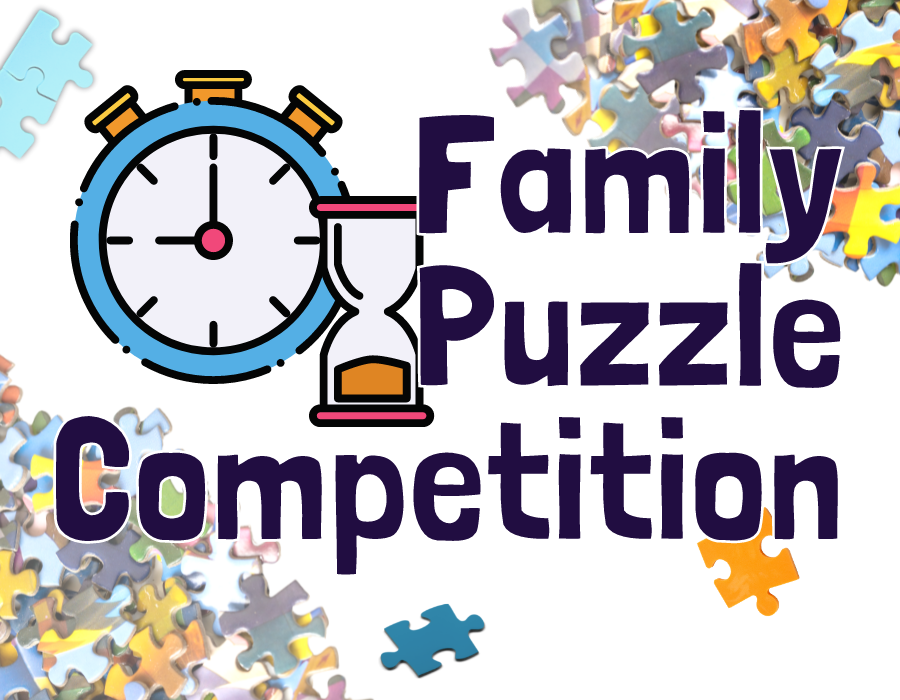 image reads "family puzzle competition" with images of puzzle pieces and timers