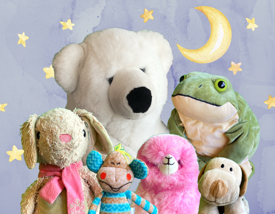 image shows a group of stuffed animals, with stars and moon behind them