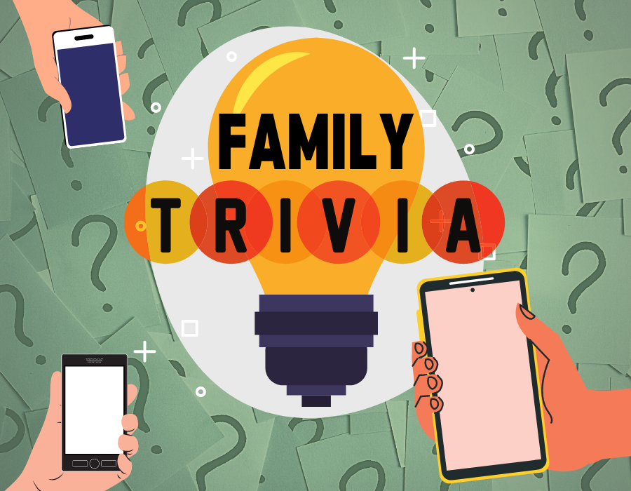 image reads "family trivia" and pictures hands holding smart phones