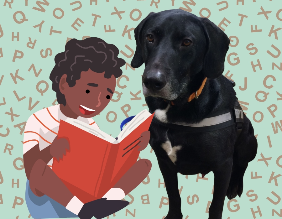 image features a cartoon boy with brown skin and brown hair reading a red book to a picture of Hunter, a black dog