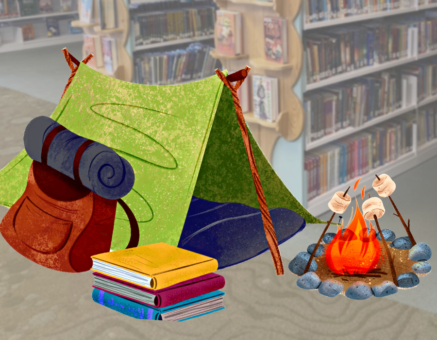 image shows a cartoon image of a tent and campfire over a faded photo of the children's room