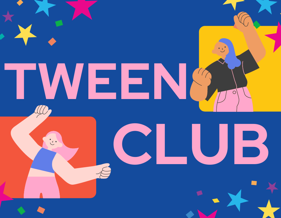 image features happy cartoon people and the words "TWEEN CLUB"