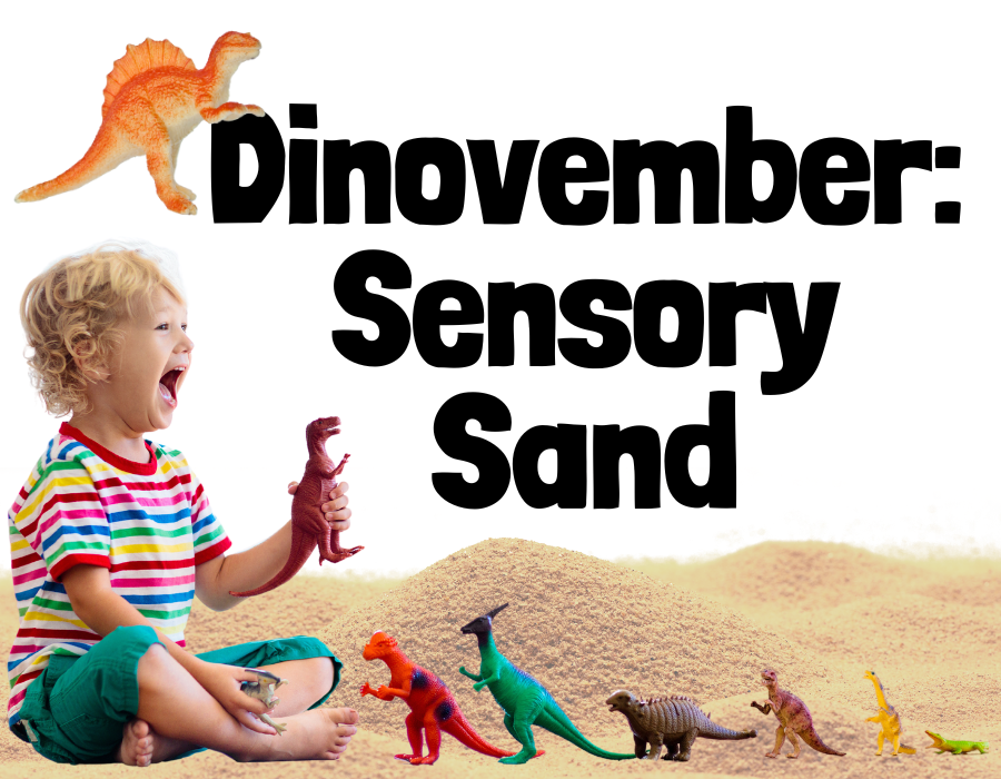 image shows small child playing with dinosaurs and sand