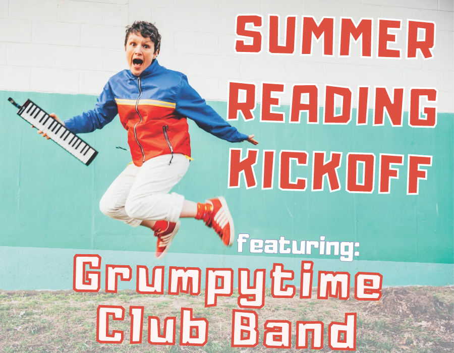 image shows musician carrie ferguson jumping in the air, holding a small keyboard. text reads: summer reading kickoff featuring Grumpytime Club Band