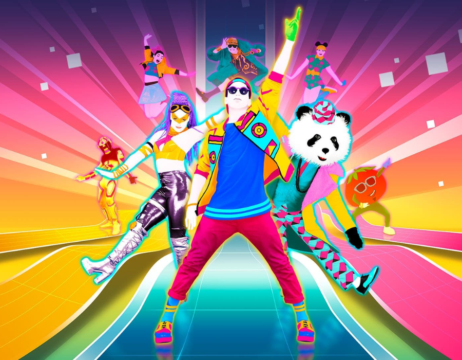 neon colors and video game characters from the game "just dance"