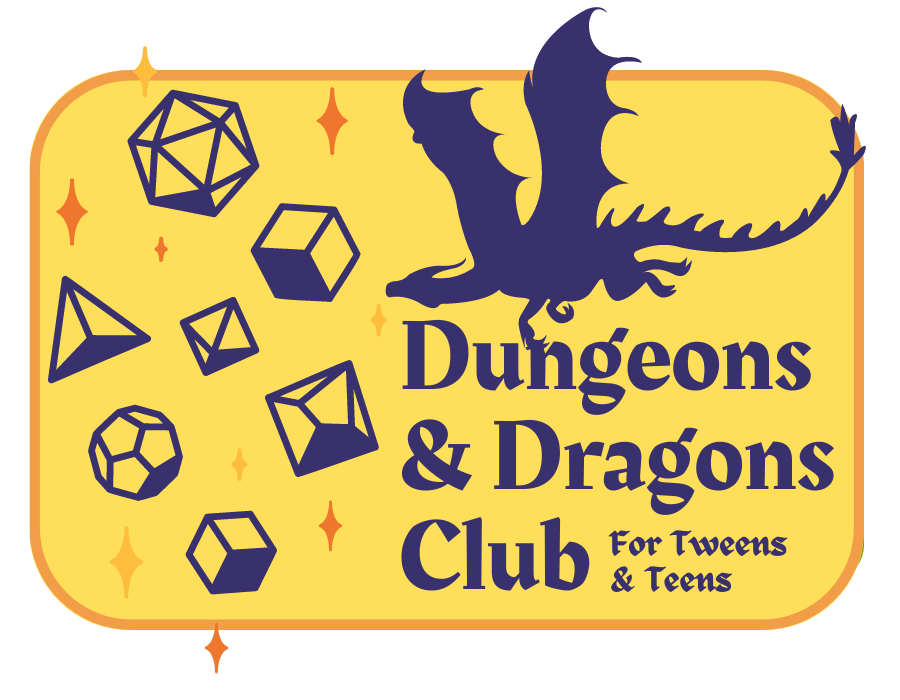 image shows purple images of a dragon and different sided dice over a yellow background and reads "dungeons and dragons club"