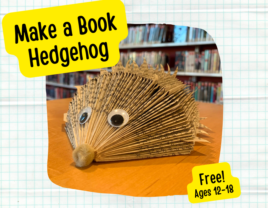 hedgehog made out of folded book pages and googly eyes