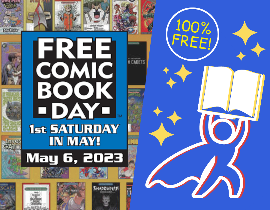 Free Comic Book Day Logo with superhero figure holding up a book. 