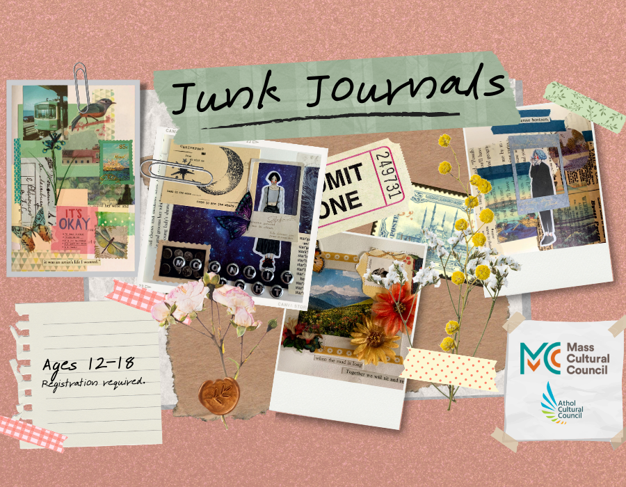 Junk Journals: layered collage images on pink background