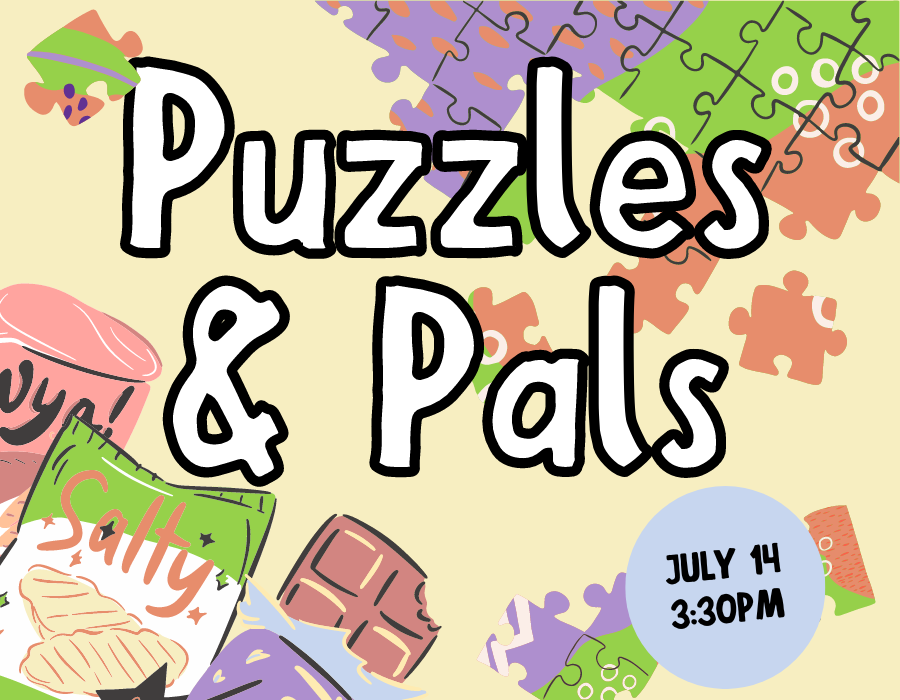 Puzzles and Pals. Pastel colored puzzle pieces and snacks on yellow background. 