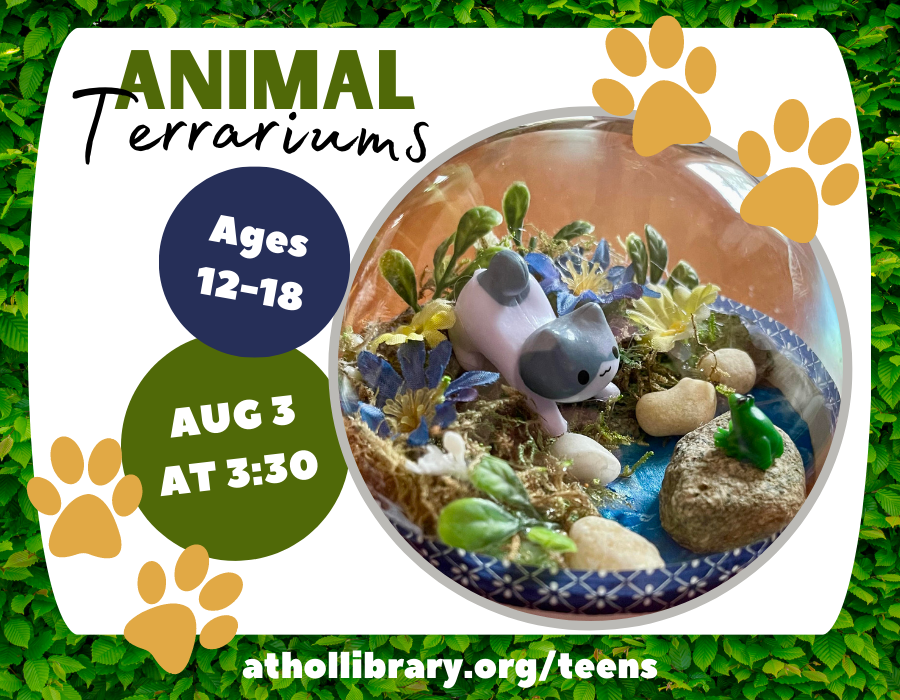 Animal Terrariums with paw prints and example terrarium featuring a grey cat and small frog.