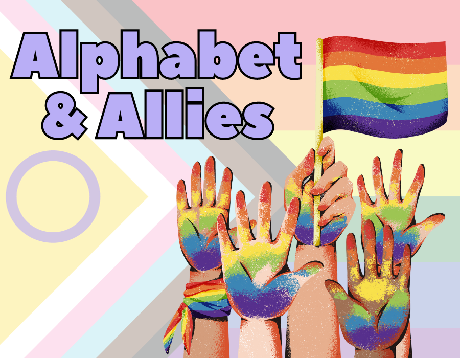 image reads "alphabet & allies" with hands covered in rainbow paint holding a rainbow flag. the background shows the progress flag that includes the intersex symbology.