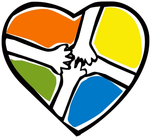 Four colored heart with four hands connecting in the middle