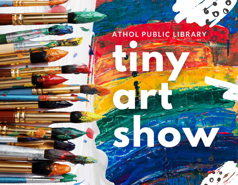 "Tiny Art Show" written on rainbow background with paint brushes coming in from the left side. 