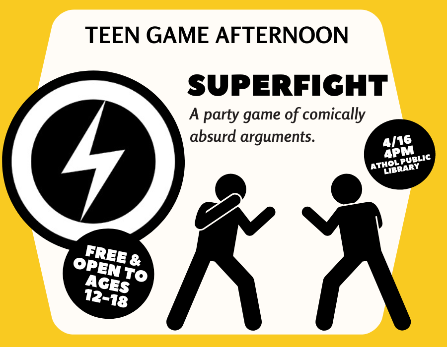 Superfight - lightning bolt symbol with two stick figures getting ready to fight. 