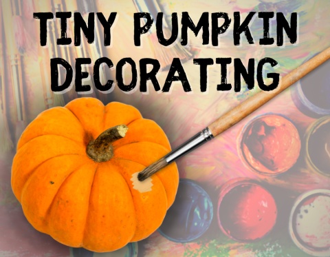 image reads "tiny pumpkin decorating" and features one of those tiny bumpy pumpkins. there is a paintbrush painting it