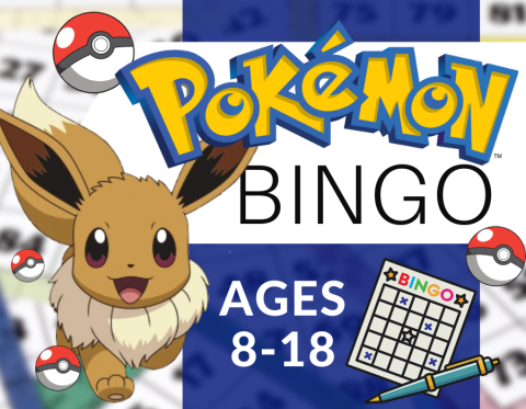 image reads "pokemon BINGO" ages 8-18 and features Eevee the Pokemon, bingo graphics and pokeballs