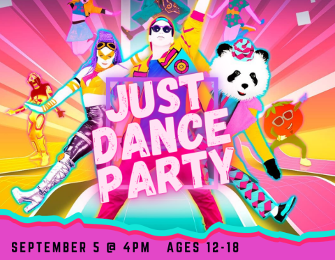 Colorfuly dressed dancers posting on rainbow background with "Just Dance Party" in neon styled letters. 