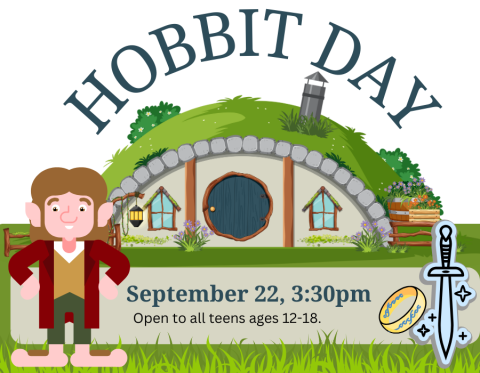 Hobbit Day - cartoon Hobbit standing in front of lushly covered hobbit hole