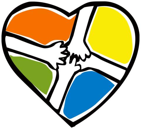 heart with red, yellow, green, and blue sections and four touching hands