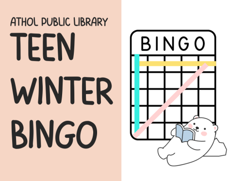 Teen Winter BINGO - polar bear reading a blue book in front of a BINGO card