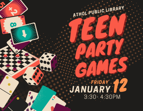 Teen Party Games written in red font next to orange, teal, red and black game pieces