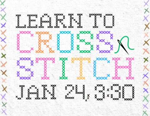 The words "learn to cross stitch" written with small 'x' shaped stitchess