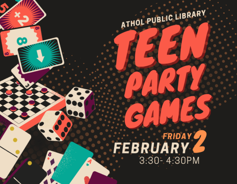 Teen Party Games written in red font next to orange, teal, red and black game pieces