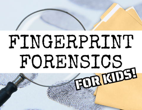 image reads: fingerprint forensics for kids and features fingerprints and a magnifying glass