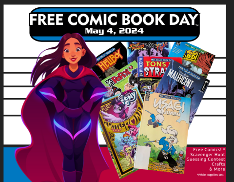 Free Comic Book Day logo with hero figure in purple cape. Covers of the comics being given away are displayed. 