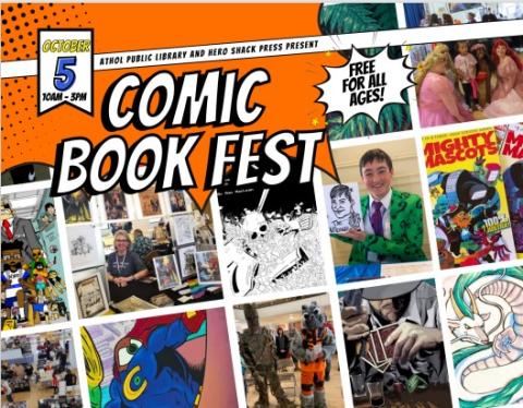 Comic Book Fest Save the Date Postcard.  Orange background with images of artists and volunteers