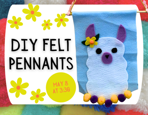 Portrait of a cartoony llama made out of felt and pom poms on a blue backgroung. 