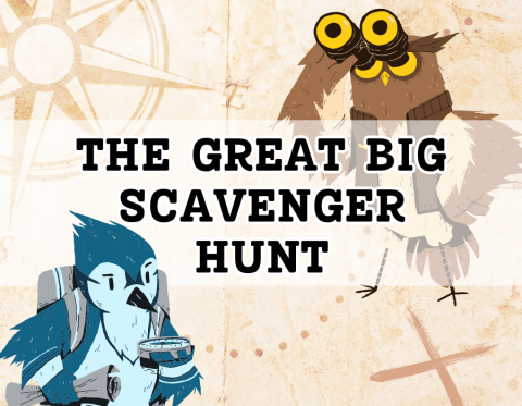 image reads "the great big scavenger hunt" and shows cartoon bird characters looking through binoculars and checking their compass