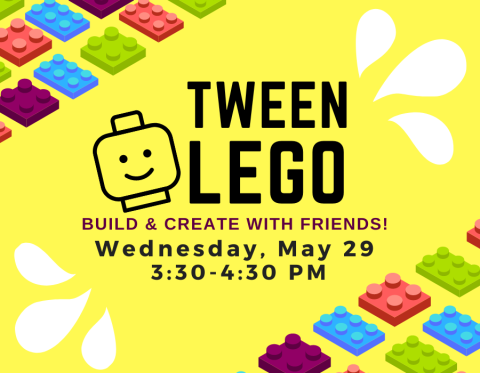 Yellow Tween LEGO graphic with colorful bricks along opposite corners and outlined LEGO figure head. 