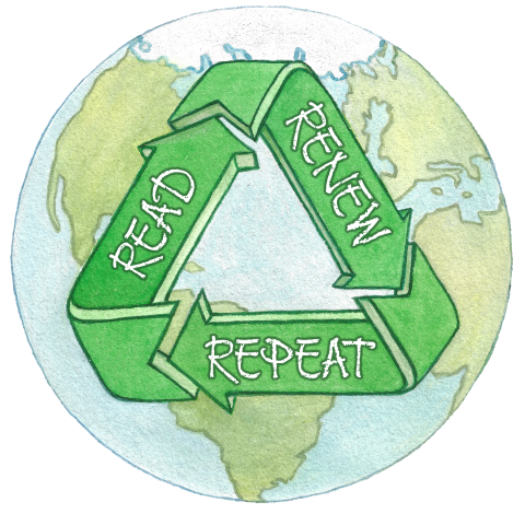 green recycling emblem with the words read, renew, repeat
