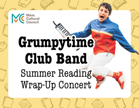 image reads "Grumpytime Club Band Summer Reading Wrap-Up Concert" and features Carrie Fergusson jumping in the air holding a keyboard-type instrument. The MCC logo is present.