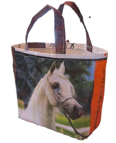 tote bag made form animal feed with picture of horse