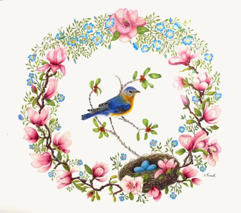 painting of bluebird inside magnolia wreath by Dede Keach