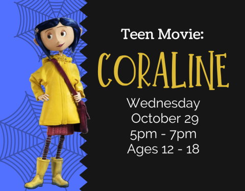 Coraline character in yellow coat on blue background with title "Coraline" in yellow spindly font. 