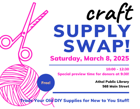 Image of scissors and yarn.  Words:  Craft supply swap March 8.