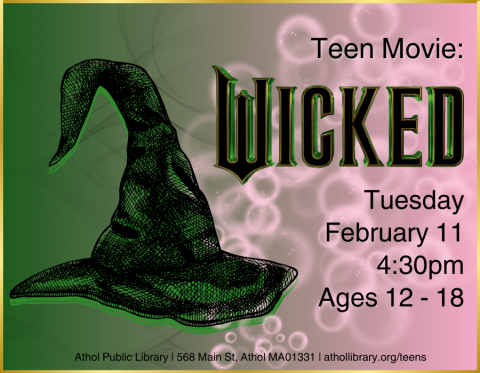 "Wicked" movie logo on green and pink background with black witches hat and pink bubbles in the background. 