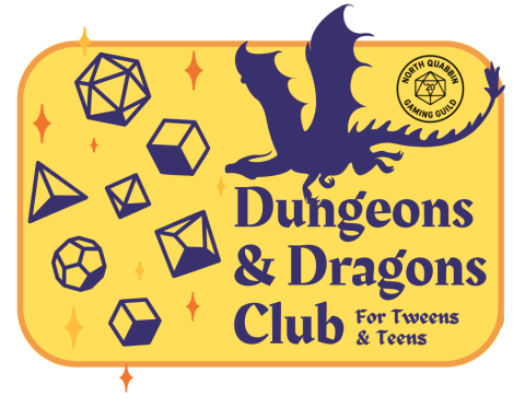image shows purple images of a dragon and different sided dice over a yellow background and reads "dungeons and dragons club"
