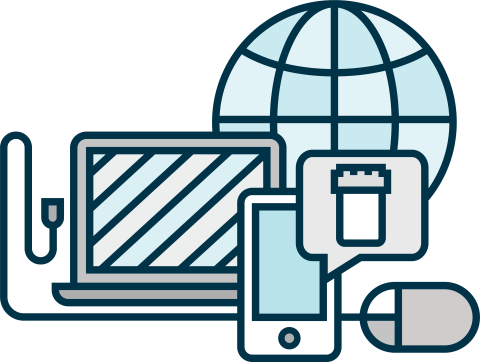 clip art showing computer, phone, and mouse in grey and blue