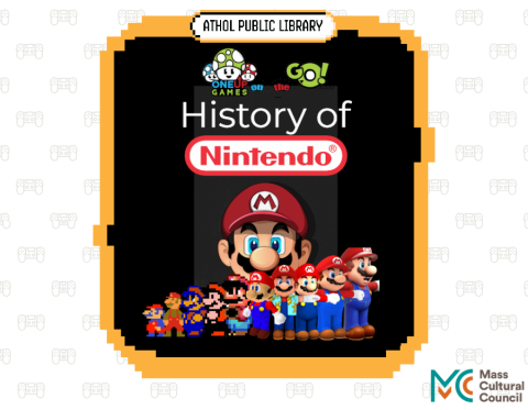 History of Nintendo with a evolutionary line of Marios on a black background. 