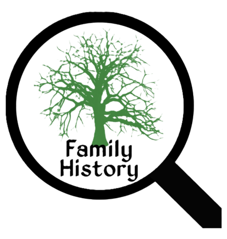 black magnifier showing green family tree