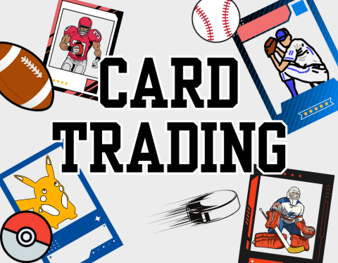 image reads "card trading" and features images of various trading cards